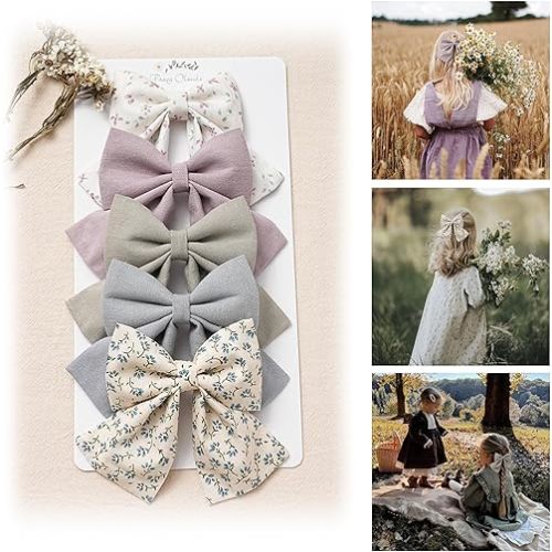 Hair Bows with Hair Clips for Girls Toddler Baby,Handmade 5" Flower Print Embroider Big Bows,FANCY CLOUDS Boutique Hair Accessorioes Gifts for School Kids