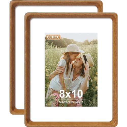 8x10 Picture Frame Set of 2, Natural Teak Wood Solid Wood 8 by 10 Photo Frames with 5x7 Mat with Real Glass for Wall and Tabletop Display
