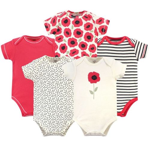 Touched by Nature Baby Girl Organic Cotton Bodysuits 5pk, Poppy, 0-3 Months