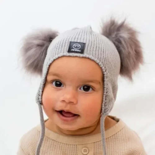 Baby Snap On Pom Poms Beanie with Strings Grey