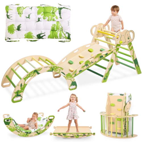 Pikler Triangle Set with Cushion, 8 in 1 Wooden Montessori Climbing Toys, Foldable Indoor Playground Jungle Gym Playsets for Toddler, Baby, Kid,Green