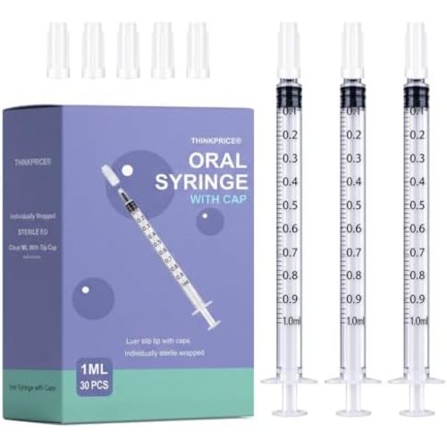 30 Pcs 1ml Syringes with Caps Oral Dispenser Individually Sterile Warpped for Medicine Dropper, Colostrum Collect Feeding Pets, Liquid