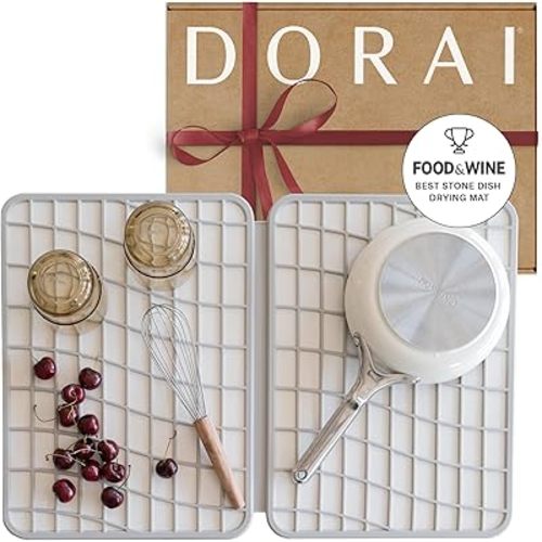 Dorai Home Large Dish Pad – 40% More Drying Space, Eco-Friendly Quick-Drying Stone Mat for Kitchen, 24.6" x 16.5", Sandstone