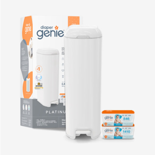 Diaper Genie Platinum Diaper Pail Gift Set | Hands-Free Odor Control with Foot Pedal | Stainless Steel Baby Diaper Pail | Includes 2 Easy Roll Refills 48 Bags Total | Baby Registry Must-Have