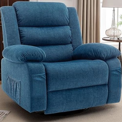 Recliner Chair, Wide Rocker Chair, Rocking Chair with Massage and Heat,360°Swivel Nursery Rocking Chairs, Oversized Recliner for Adults, Cashmere Reclining Sofa for Living Room, Blue