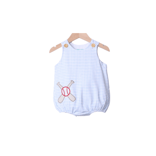 Baseball Applique Blue Gingham Knit Bubble
