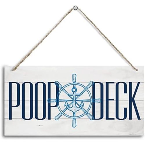 Nautical Style Wood Decor Sign, Poop Deck, Hanging Printed Wooden Plaque Décor, Rustic Wall Decor Indoor or Outdoor, Home Décor Sign for Nursery, Artistic Wall Sign for Beach Bathroom Hostel 12x6 inch