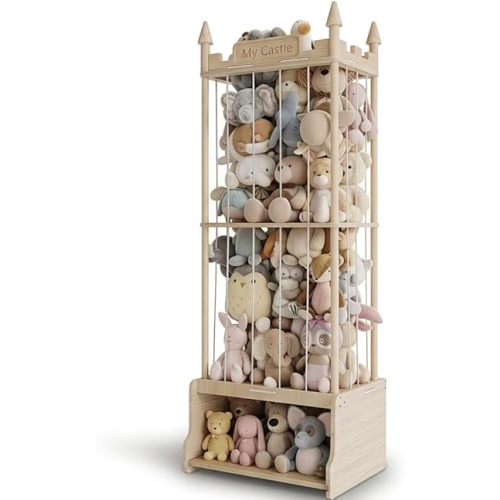 Knot-Free Wooden Stuffed Animal Storage Tower with Pre-Installed Cords, Montessori Stuffed Animal Zoo Furniture with Castle Top & Toy Chest, 57" Hand-Sanded Natural Wood (Montessori Castle)