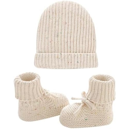LAWKUL Baby Beanie and Booties 2-Piece Set Newborn Knit Hat Cotton Sock Shoes Warm Skull Cap for Infant Boy Girl