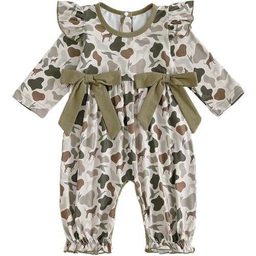 Newborn Baby Girl Outfit Hunting Camo Ruffle Jumpsuit One Piece Clothes | Mallard duck embroidery, Long sleeve, Smocked bubble romper, Fall winter clothes for girls 0-18 months