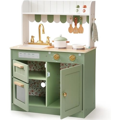 ROBOTIME Play Kitchen for Kids Toddlers, Wooden Pretend Play Kitchen Set Toy with Cutting Food Set, Toys Kitchen Gift for 3+ Year Old Kids, Girls & Boys