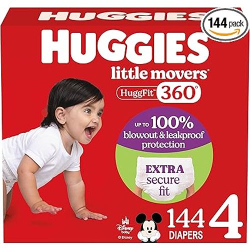 Huggies Size 4 Baby Diapers, Little Movers HuggFit 360° Baby Diapers with 360° Waistband, Size 4 (22-37 lbs), 144 Count (4 Packs of 36), Packaging May Vary