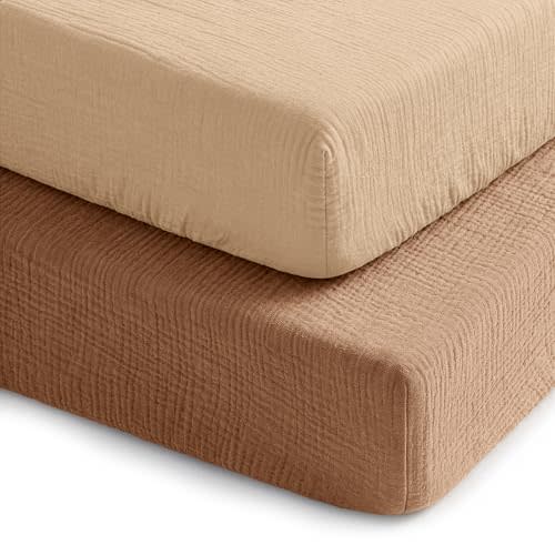 Comfy Cubs 100% Muslin Crib Fitted Sheet 2 Pack, Cedar and Cream - 100% Cotton, Soft & Breathable Crib Sheets for Toddler Mattress - Snug Fit, Secure Elastic with Beautiful Packaging