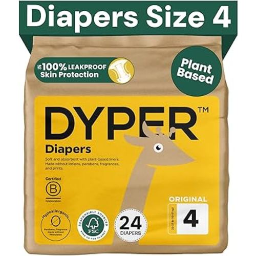 DYPER Baby Diapers Size 4 (24 Count) – Plant-Based, Hypoallergenic, Fragrance-Free & Ultra Absorbent Disposable Diapers for Day and Overnight Skin Protection, Single Pack Size 4 Diapers