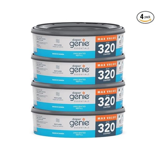 Diaper Genie Essentials Round Refill Pack of 4 | Holds Up to 1280 Newborn Diapers | Features Unscented Continuous Film | Compatible with Diaper Genie Complete and Expressions Pails