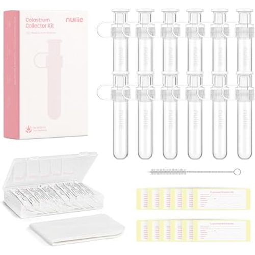 Nuliie Colostrum Collector Kit 7ml/12pcs, Leakproof, Reusable Breast Milk Collector, Heat & Freezer Resistant, BPA-Free, With Cotton Cloth Wipe, Storage Case, Cleaning Brush -Ready-to-Use for Newborns