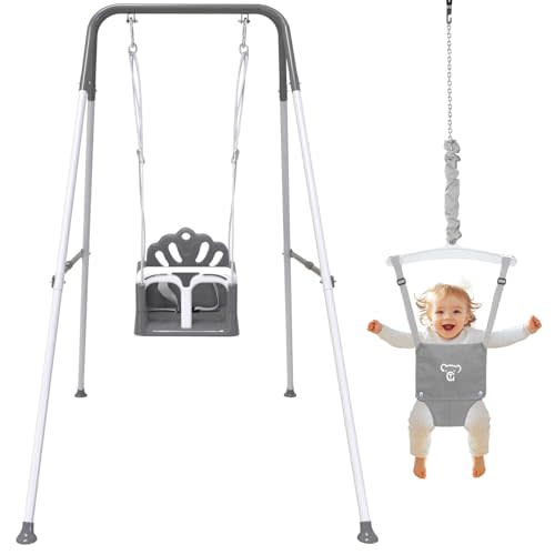 Foldable Toddler Swing Set and Baby Jumper for Indoor & Outdoor Use | Baby Bouncer Jumper, Safe and Durable Swing Set for Backyard (Gray)