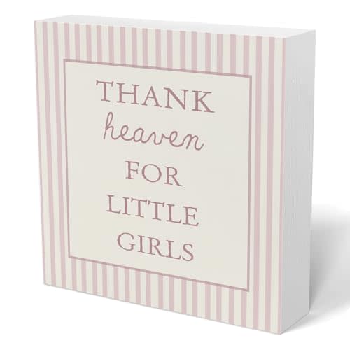 Newborn Gifts-Girls Nursery Wooden Sign Decor,Thank Heaven for Little Girls Decorations Wood Block Signs,Baby Shower Decorations Gift, Pink Wood Sign for Toddler Little Girl Playroom Room Desk Shelf 5x5