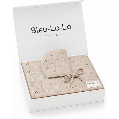 Organic Pointelle Baby Blanket + Hat Gift Set for Boys & Girls - 100% Soft Luxury Cotton Swaddle Blanket + Bonnett Registry for Newborns & Infants (Oatmeal + Hat)