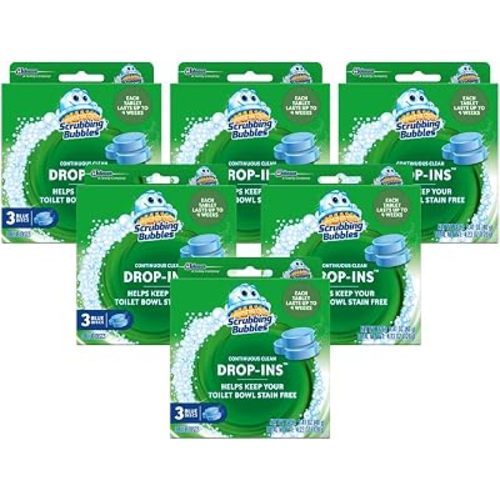 Scrubbing Bubbles Continuous Clean Toilet Drop-Ins, Automatic Blue Toilet Bowl Cleaner, Septic-Safe Tank Tablets Remove Hard Water Minerals & Limescale, Stain & Smell Protection, 3 Count (Pack of 6)