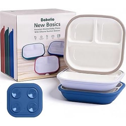 BABELIO 8'' Toddler Porcelain Plates with Silicone Suction Sleeves, Lead & BPA Free, Divided, Microwave & Dishwasher Safe, Stay Put, Suitable for Kids/Babies, 3 Pack