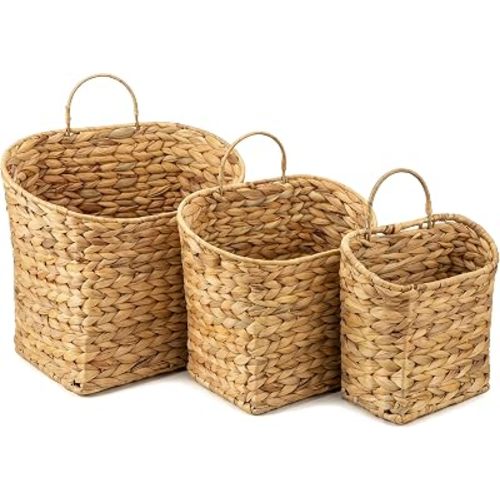 Wicker Hanging Baskets, Set of 3, Water Hyacinth Woven Wall Baskets for Entryway, Bedroom, Kitchen, Living Room, Door, Nursery Storage Organizing and Decoration