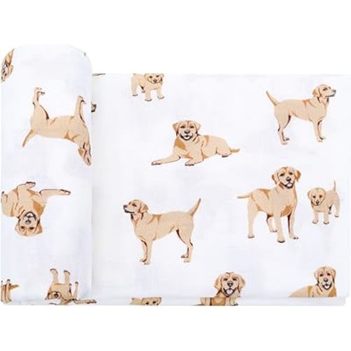 LifeTree Baby Swaddle Blankets Dog Pattern, Muslin Blankets Boys Girls Swaddling Wrap Receiving Blanket for Newborn, 70% Viscose from Bamboo and 30% Cotton, Large 47" x 47", Labrador