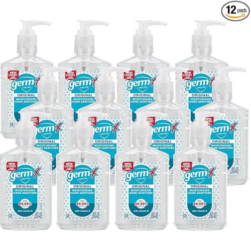 Germ-X Original Hand Sanitizer, 8 Fl Oz (Pack of 12), Less Drying Moisturizing Gel with Vitamin E, No Rinse Formula, Pump Bottle
