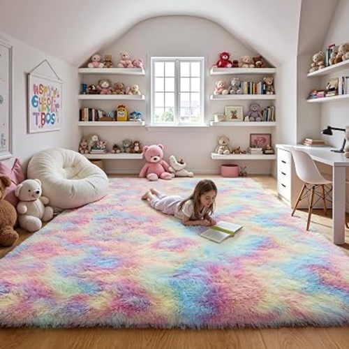 Rainbow Fluffy 9x12 Area Rug Soft Washable Shag Carpet for Girls Bedroom