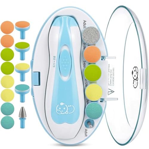 Royal Angels Upgraded 21 in 1 Baby Nail Trimmer with Labeled Case, 13 Extra Replacement Pads, Safe Electric Baby Nail File Kit for Newborns & Toddlers, Whisper Quiet Nail Clipper with LED Light (Blue)