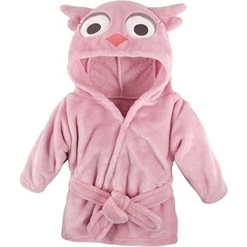 Hudson Baby Unisex Baby Plush Animal Face Bathrobe, Pink Owl, 0-9 Months