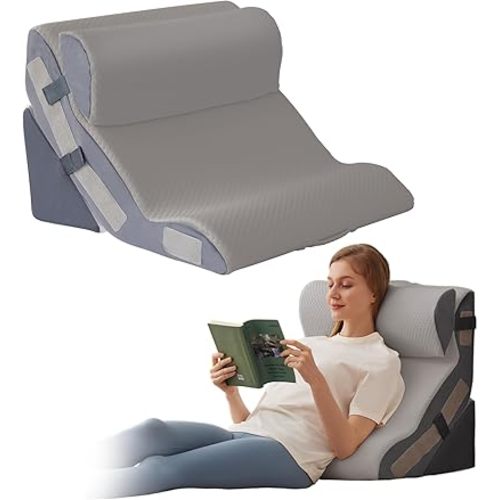 3PCS Orthopedic Bed Wedge Pillow Set for Sleeping, Sitting up in Bed, 6-in-1 Foam Wedge Pillow for Acid Reflux & Back Pain Relief & Leg Elevation, Post Surgery Pillows for GERD & Snoring, Grey