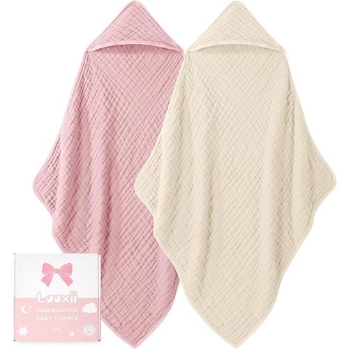 Looxii Baby Bath Towels 2 Pack Muslin Hooded Baby Towels for Newborn and Infants, 100% Cotton, Large 32x32Inch, Soft and Absorbent