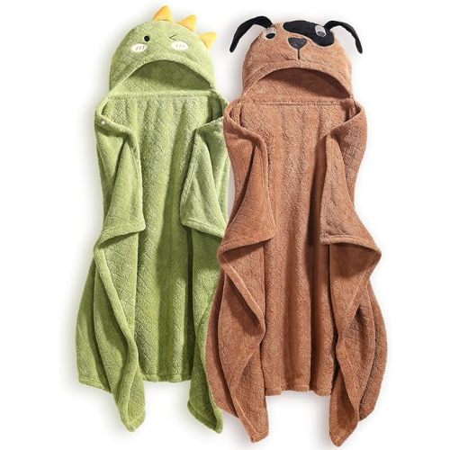 2-Pack Animal Hooded Bath Towels for Babies & Kids (50x32 Inch) - Ultra Soft Coral Fleece, Super Absorbent, Gift-Ready Baby Shower Essentials for Infant Toddler 0-6 Years (Green& Brown)