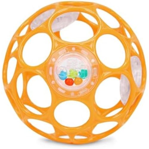 Bright Starts Oball Rattle Ball, Easy-Grasp Infant Rattle with Finger Holes, Orange, 0-36 Months