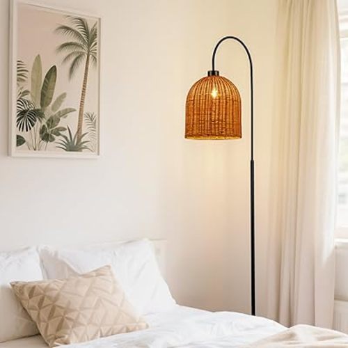 MAYNA Rattan Floor Lamp, 66 in. Bohemian Style Floor lamp with Natural Brown Rattan Shade, Rustic Curved Standing lamp for Coastal, Beach or Bohemian Decor (Coastal Black)