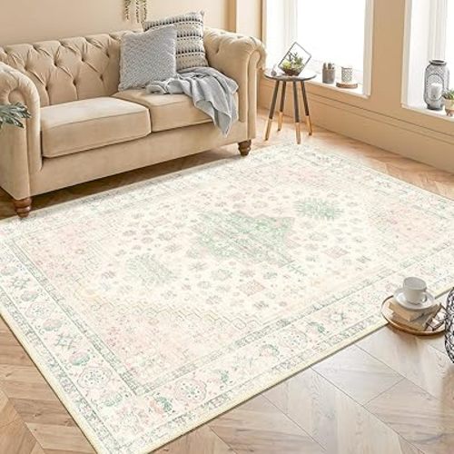 MUJOO Washable Rug 4x6.5,Boho Area Rugs for Bedroom Living Room Office Playroom,Small Non Slip Indoor Throw Carpet Low Pile Light Pink and Green