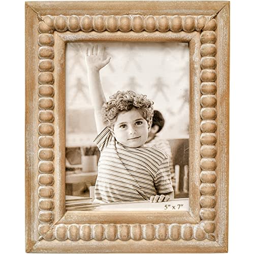 MACVAD Large Rectangular Natural Wood Picture Frame With Decorative Beads- Perfect for 5X7 Single Photos - Farmhouse Gift Idea for Family and Friends