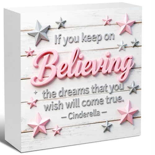 Nursery Wooden Box Sign Desk Decor If You Keep On Believing The Dreams Block Plaque Sign for Princess Room Girls Bedroom Shelf Tabletop Decor