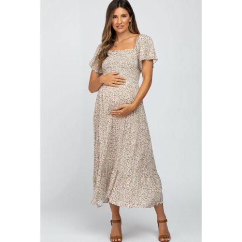 PinkBlush Ivory Floral Smocked Maternity Maxi Dress