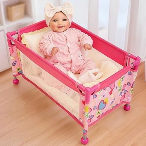 BABESIDE Baby Doll Crib with Storage Bag,Foldable Playpen Baby Doll Bed for 18" Reborn Dolls, Reborn Babies Dolls Accessories for Girls Age 3+,Pack n Play Toy Gift for Kids,Pink