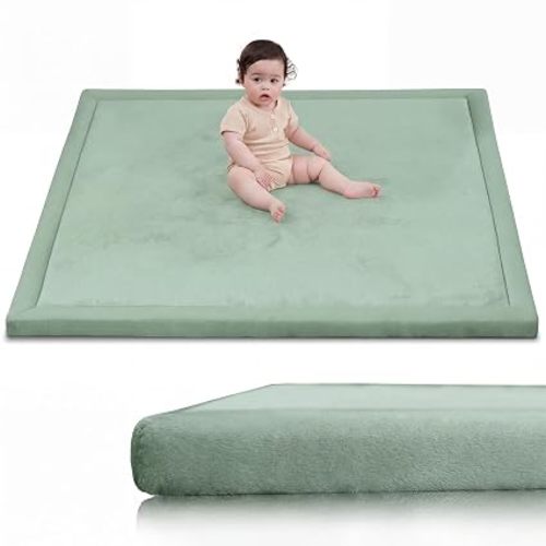 Huloo Sleep Ultra Soft Baby Play Mat for Floor, 1.3" Thick Elasti-Foam 59x59 Play Mat for Playpen,Water-Repellent Coral Velvet for Tummy Time, Non-Slip Backing,Safe for Toddlers & Infants(Sage Green)