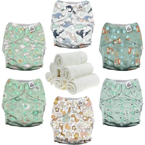 Mama Koala 3.0 Pocket Cloth Diapers for Babies with AWJ Lining, 6 Pack with 6 4-Layer Natural Cloth Diaper Inserts - Reusable and Washable Pocket Diapers (Adorable Animal)