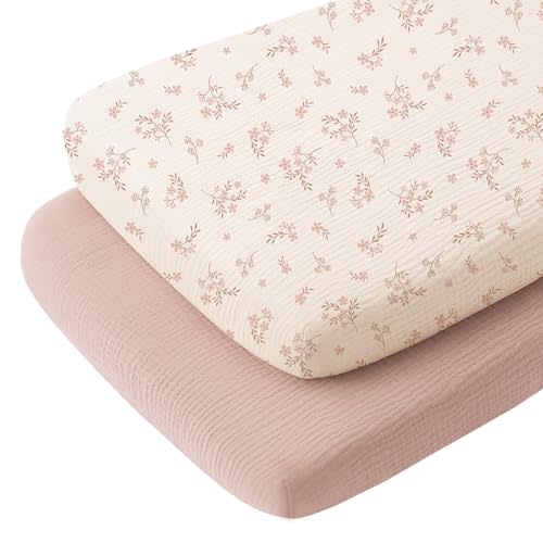 Konssy 2 Pack Muslin Bassinet Sheets for Baby Boy, 100% Cotton Soft Breathable Bassinet Mattress Sheets Fit for Hourglass Oval Cradle Rectangle Mattress (Soft Blooms,Taupe)