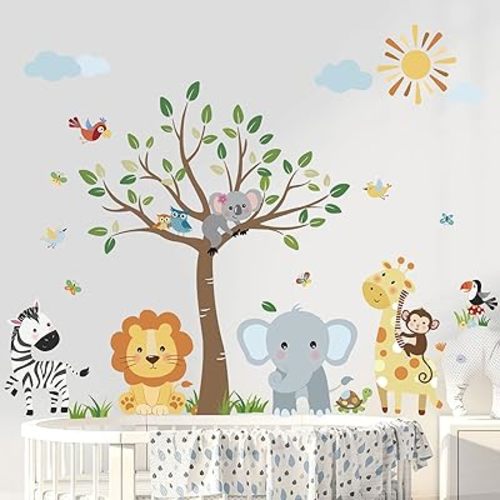 decalmile Forest Baby Animals Wall Decals Elephant Lion Giraffe Wall Stickers Baby Nursery Kids Room Daycare Wall Decor