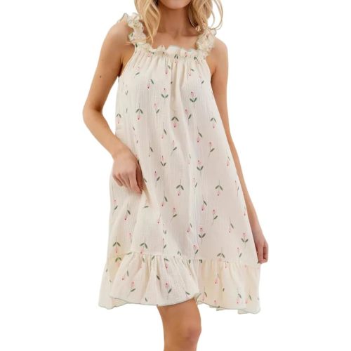 Women's Cotton Gauze Nightgown Sleeveless Ruffle Dress Frill Strap Short House Dress Comfy Sleepdress