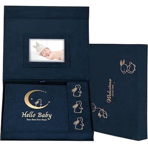 XKDOUS Velvet Baby Book Keepsake for Boys and Girls Baby Journal Scrapbook Album Milestone from Birth to Age 5 Photo and Memory Book Box Timeless First 5 Year Newborn Gift Kit for Baby Shower