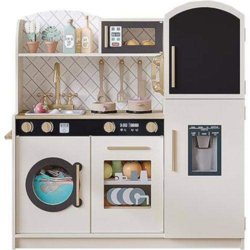 Treocho Play Kitchen for Kids, Wooden Toddler Kitchen Set with Storage, Modern Design Toy Kitchen with Faucet&Sink, Stove, Chalkboard, Icemaker and Various Accessories for Kids Ages 3+, Cream