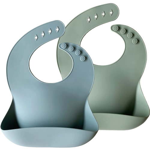 Silicone Baby Bibs Set Of 2 BPA Free Soft Adjustable Fit Waterproof Feeding Bibs for Babies and Toddlers(Ether/Sage)