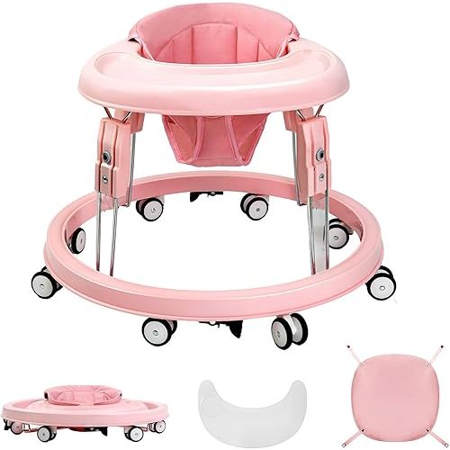 Baby Walker with Wheels, One-Touch Folding Baby Walkers, 7-Speed Height Adjustment with Large Dinner Plate, Anti-Roll 8-Wheel with Brake for 6-18 Months Baby, Full Pink